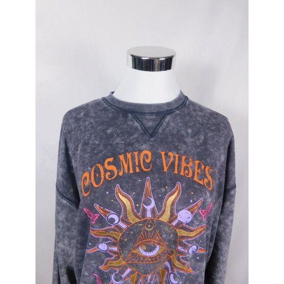 Cosmic Vibes Sun Eye Sweatshirt Black Acid Wash S Boho Witchcore - Picture 2 of 12
